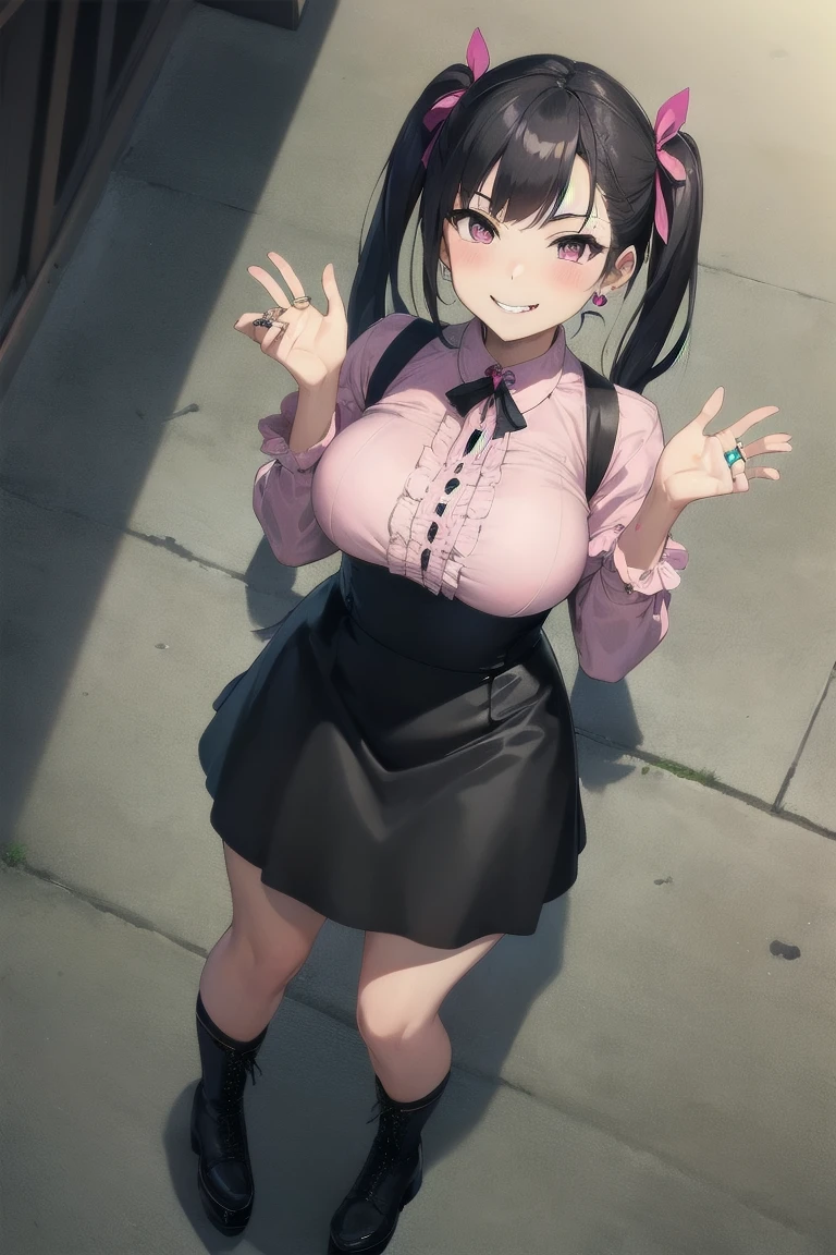 score_9, score_8_up, score_7_up, YuukiNana5e1, pink eyes, (bright pupils), hair ornament, hairclip, hair ribbon, sharp teeth, twintails, shirt, skirt, smile, 1girl, delicate and smooth skin, blush, perfect body, thighs, large breasts, highly detailed, glossy lips, looking at viewer, school background, <lora:Concept Art DarkSide Style LoRA_Pony XL v6:0.8> concept art, <lora:Expressive_H:0.8> expressiveh, <lora:Kenva:0.8> knva, halftone effect, <lora:sinfully_stylish_SDKL:1> <lora:Yuuki_Nanase_Sacred_Sword_Princess:0.8>