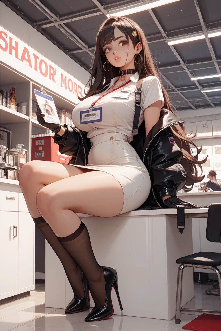 realistic, 1girls, best quality, 12k, HD, long hair, big round breasts, cleavage, ponytail, necklace, jewelry, shorts, short jacket, slim hips, hair tie, yellow eyes, black hair, super detailed, Detail eyes, hair details, person details, mouth details, face details, breast details, clothes details, hair details, pants details, hand details, whole body