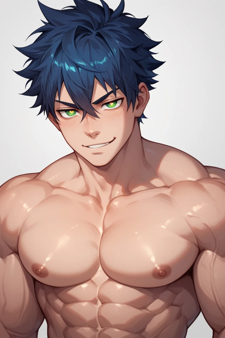 アニメ, best qualityer , white male, muscle, hair light blue, Red eye, cute face