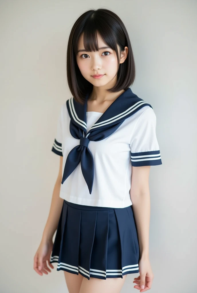masutepiece, Best Quality, in 8K, sixteen years old, , Raw photo, absurderes, award winning portrait, ssmile, Solo, during daytime,park idol face, violaceaess, Delicate girl, Upper body, Digital SLR, Looking at Viewer, Candid, Sophisticated, zora々Right, Thin arms, Professional Lighting, Film grain, chromatic abberation, (Eyes and faces with detailed:1.0), (Bokeh:1.1), (hyper pretty face:1.2)、(美丽的面容:1.2),　Beautie、Japan High School Girl Traditional Uniform、(White short sleeve sailor uniform:1.2), A dark-haired、Middle straight hair、bangss、(japanes)、Short Bob Hair、