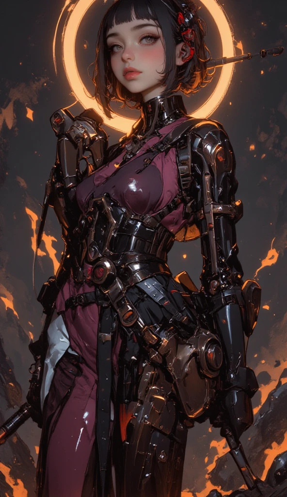 NeonNoir, female woman standing solitary under a subtle red neon glow wearing designer vest, suit trousers,(mechanical arms:1.1),Thailand night city, Only God Forgives <lyco:WomanBusinessSuit_v10:0.8> <lora:powerarm:0.9> <lora:NeonNoir:0.65>