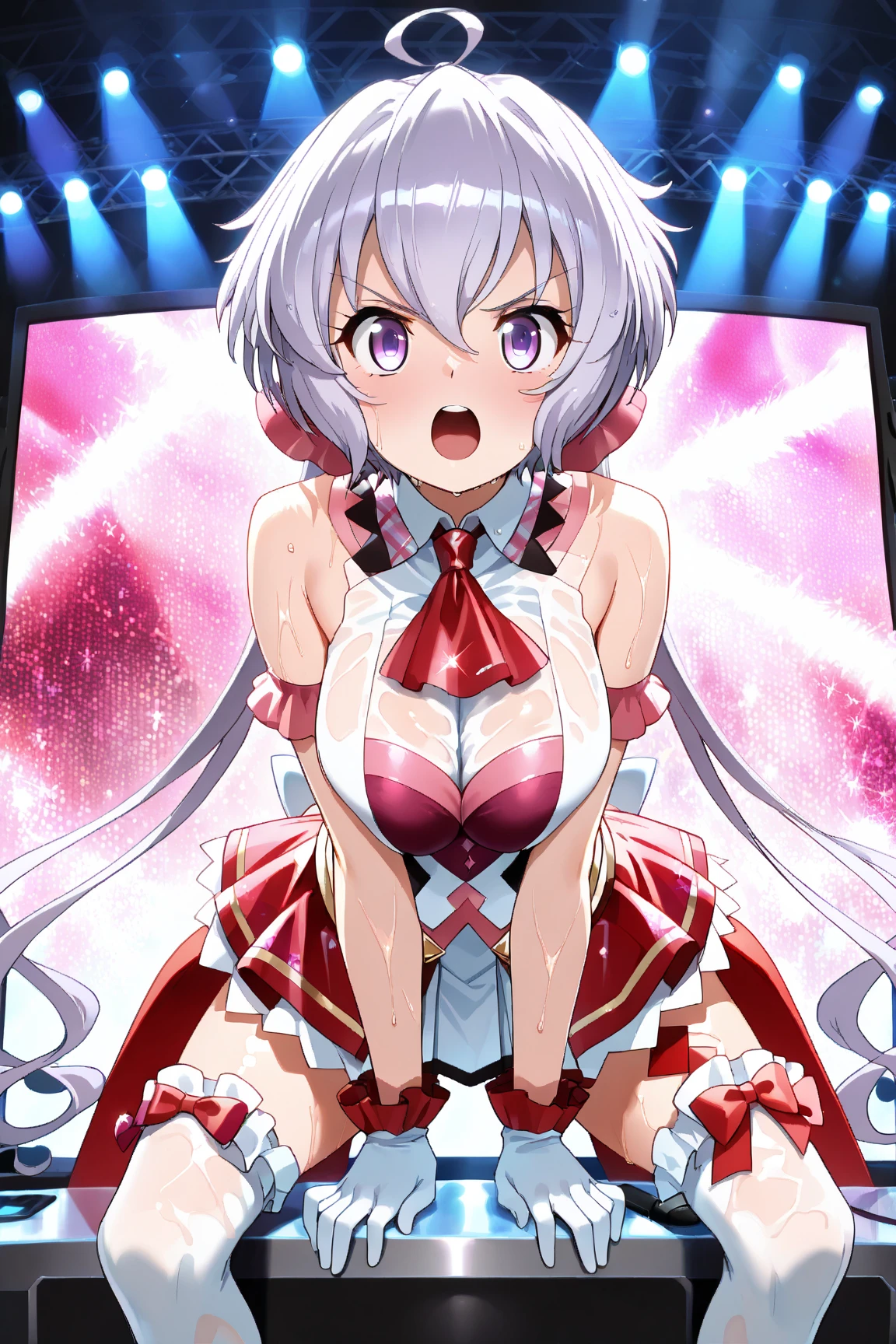 Hiiragitsumugi, Lavender Grey hair, long voluminous hair, brownish yellow eyes,11years old , large breasts,, Live Stage, solo, nsfw