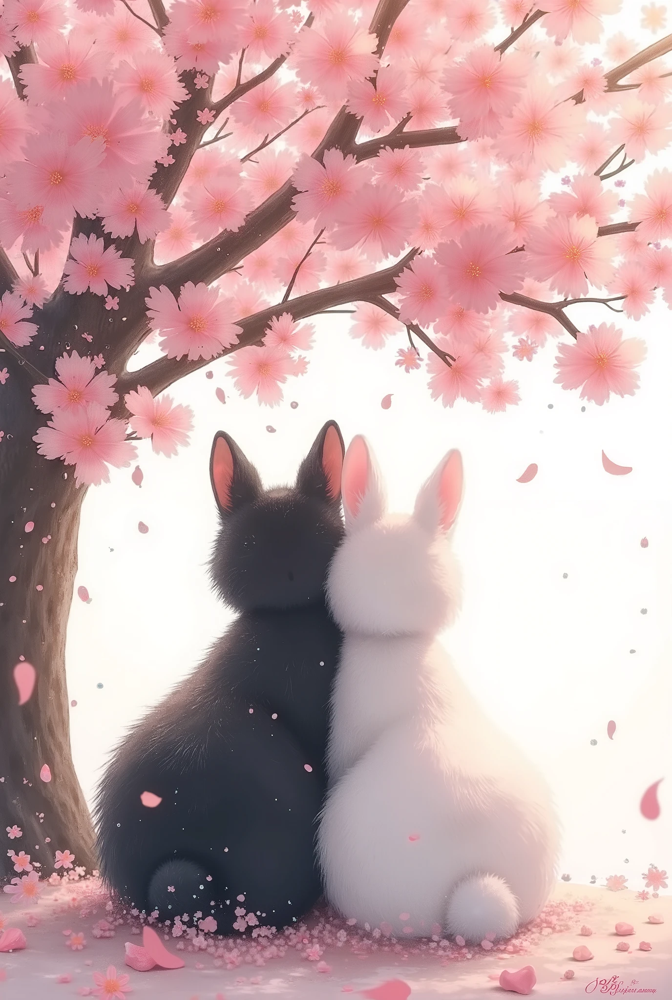 桜の木の下にいる黒catと白兎 Face backwards and snuggle side by side Pull out the whole cherry tree with drawing cat