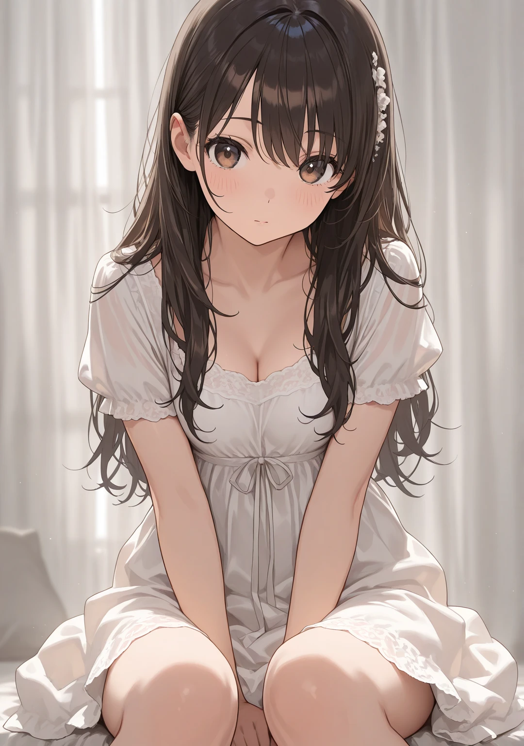 The place is in a castle, specifically in the dining room on the floor a young woman with wavy black hair who is wearing a nightgown, she cried while an elderly woman hugged her