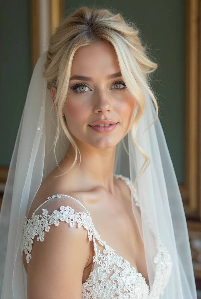 European woman model wearing delicate lace baroque wedding dress with veil