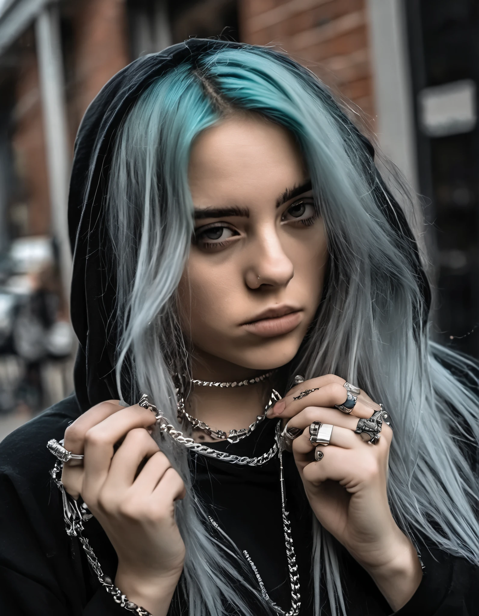Girl with split dyed hair, black hoodie, 52 necklaces silver,prettyface , professional photography 4k reseloucion,camera cannon dc10 ,with spider in her mouth