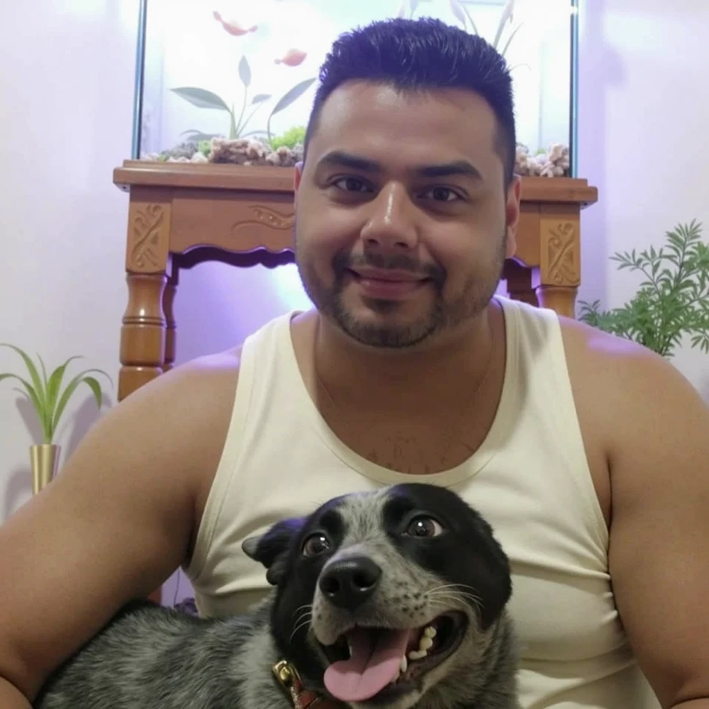 Pixarstyle A waist-length portrait of a man in dress clothes and his happy dog, textura natural da pele, texturas 4k, hdr, intrincado, altamente detalhado, foco nítido, cinematic visual, hiperdetalhado