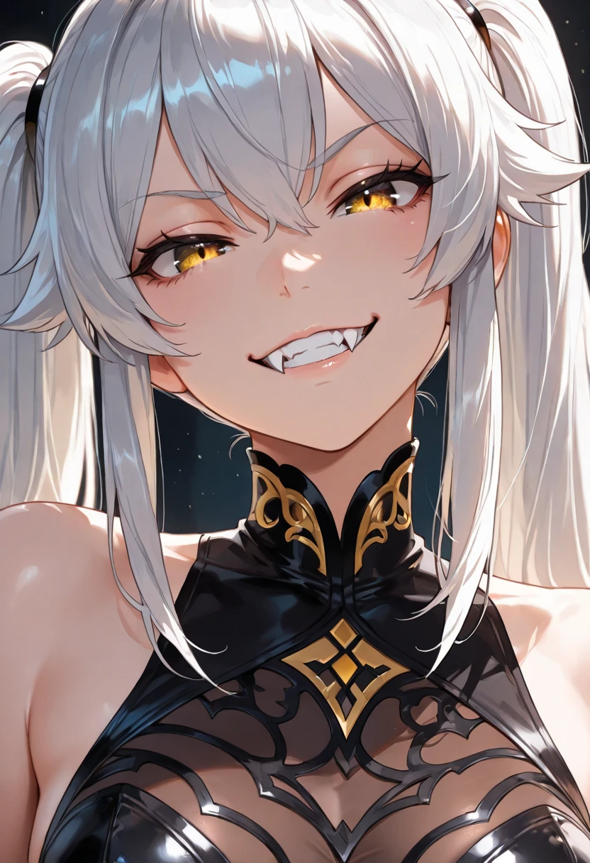 crazy, Backlight, looking at the viewer, gray hair, yellow eyes, blush, smile, shining eyes, evil smile, (face with shadow:1.2),His face and upper body are exposed through the door.、Wearing a black bra