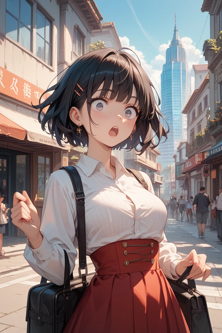 ((Highest quality, 8K, Masterpiece:1.3)), 2 students, A confident smile, talk, Peace sign gesture, Black Hair, city shopping street background, slacks, skirt, shirt, Detailed face, Fingers crafted to the smallest detail