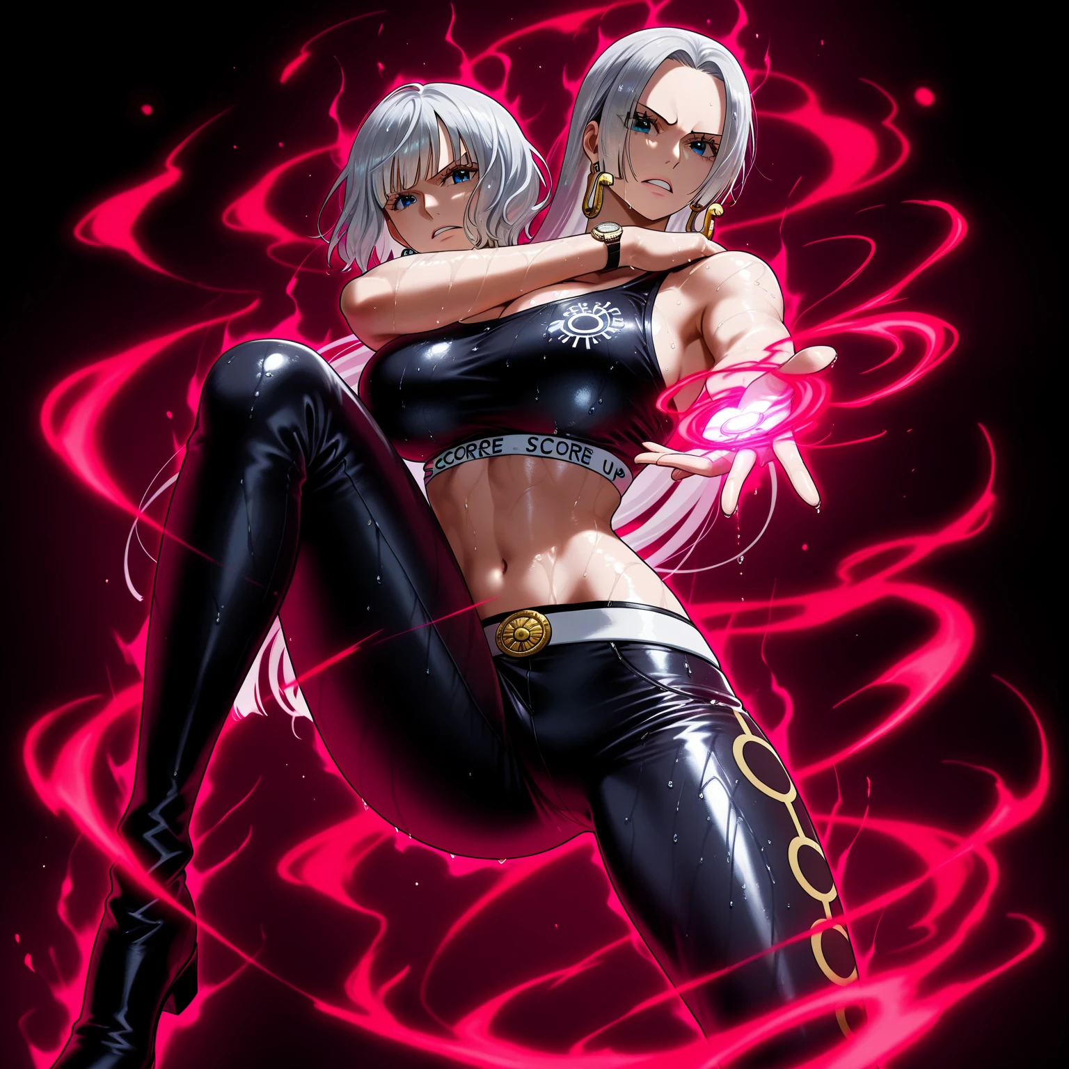 Android 21 from dragonball, black sclera, pink skin, tube top, bracelet, harem pants, high heels, pink tail, white hair, giant breasts, standing on your belly, grabbing breasts, laughing, sharp teeth, sex, sexy, dick in pussy,