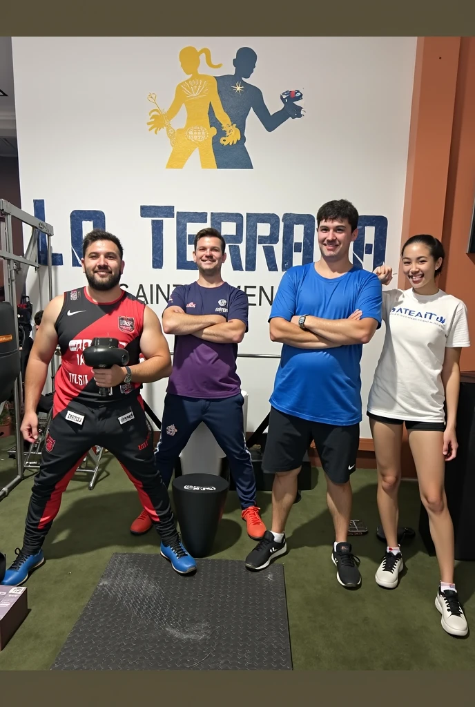 A Crossfit Quartet on Crutches, 2 men and 2 women in drawing, with one of the men bald and the other wearing a cap
