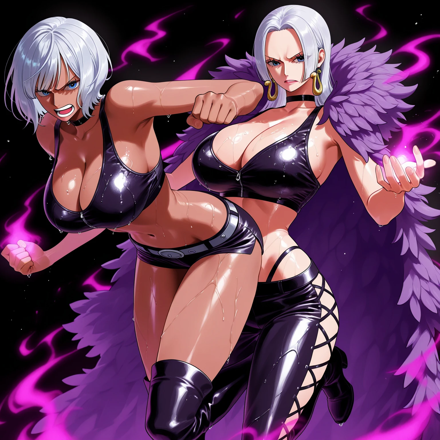 morrigan aensland, blond hair, tunic, pants, sensual curvs, curvy, huge breast, priestess,red eyes, feathered wings, halo, horns