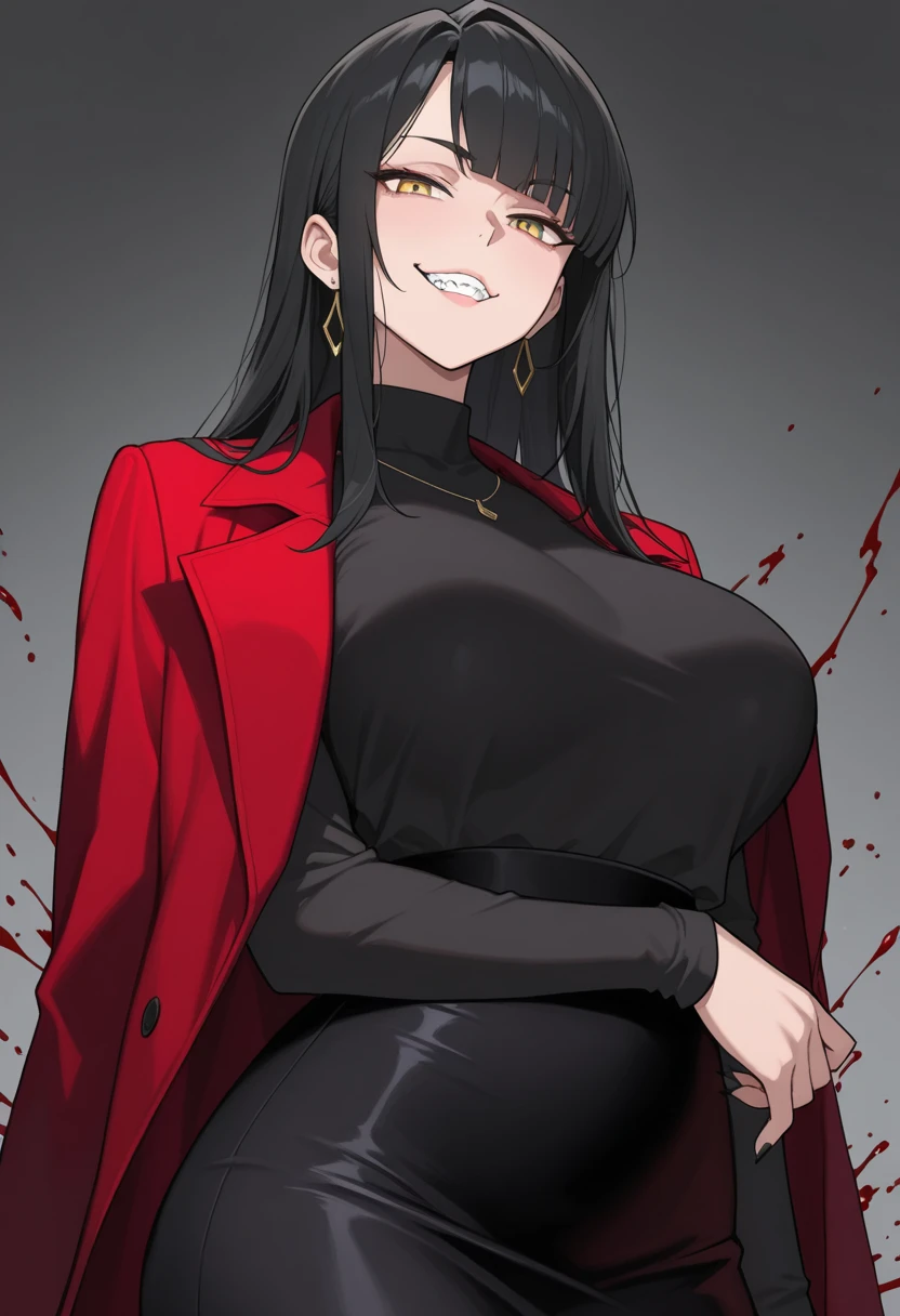 Kuchisake-onna Super Extra large breasts breast enlargement, red coat, long hair, red eyes, black garter stockings, black bikini, full-body shot, looking at the camera, standing alone in the rain, holding a large scissor in her right hand, lips split, stitches, smiling, blushing, shy