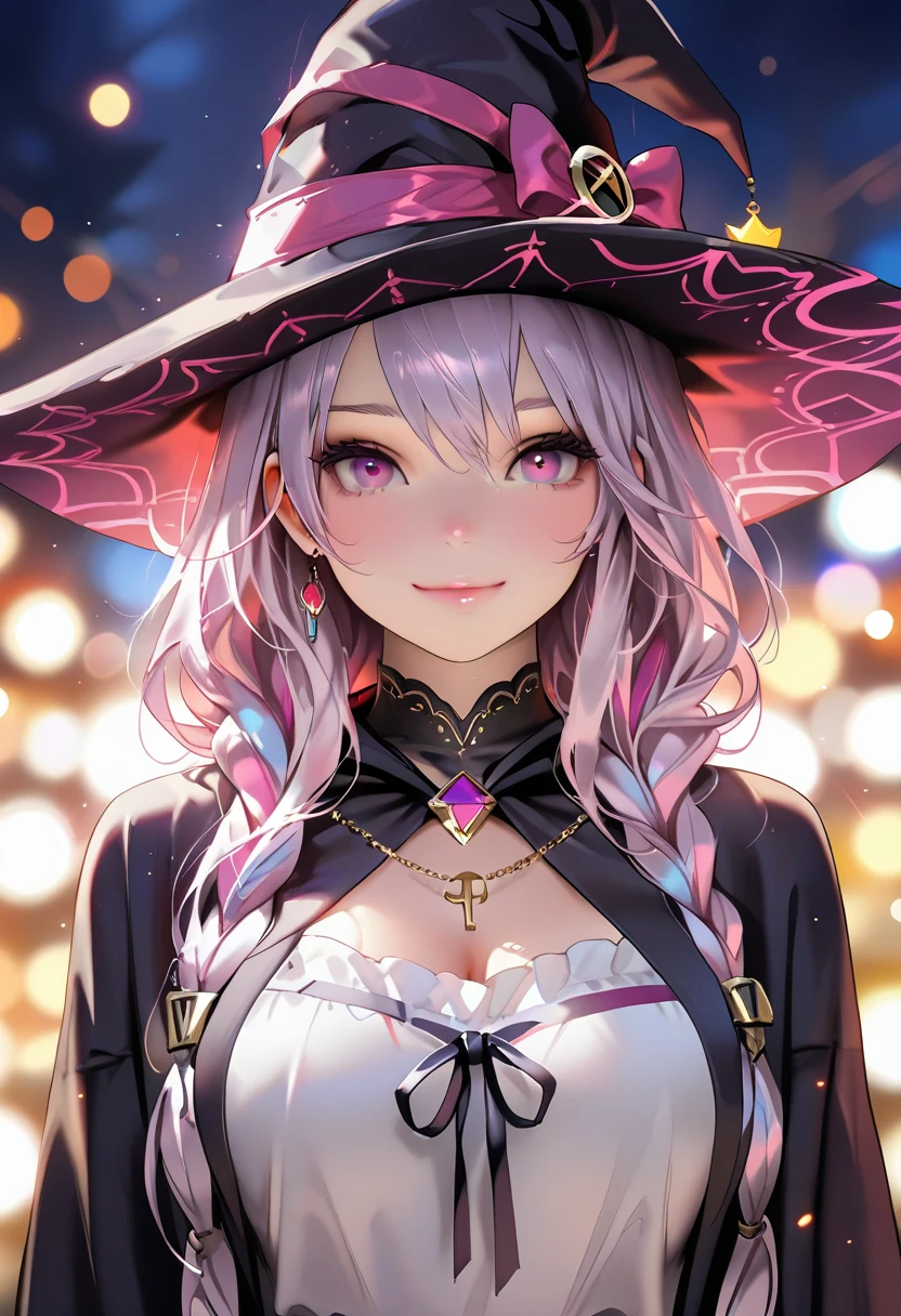 (top-quality、in 8K、32K、​masterpiece、nffsw、超A high resolution、Impresionismo、Photorealsitic:1.2)、Colossal tits、cowboy  shot, detailed faces and eyes、 Night city、Dim Street Lights、Jack-o'-lanterns are placed on the road、Halloween costumes、beauitful face、blurry backround、16-year-old beautiful girl、shinny skin、short-hair、Silvery beautiful hair、Blunt bangs、Black eyes、(Katyusha:1.2)、Black Witch Robe、Mini Skirt、Black witch hat、Curve、Stand on one knee、(Pink panties are visible:1.2)、Smile with open mouth、Opening legs