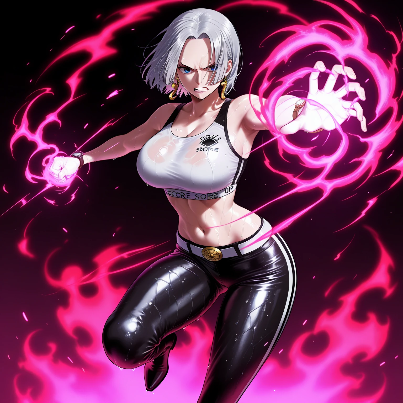 colettetrixie, red skin, sharp teeth, hair over one eye, hairband, demon horns, colored sclera, purple shirt, purple shorts, demon wings, shiranui mai
