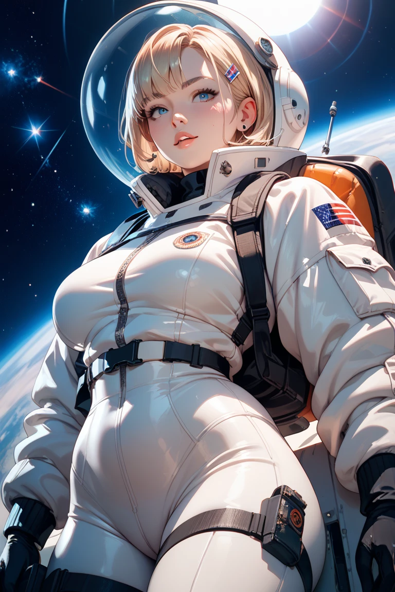masterpiece, best quality, highest detailed), (cute astronaut Russian-girl), high detailed ultra-futurist spacesuit, (textured clothing), (ultra-detailed body), (light smile:0.3), softlight passing through hair, (alien, ultra-hitech space-base background), (intricate details), (dynamic angle)