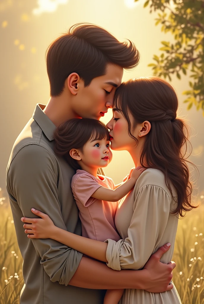 Portrait of a 18 year old Indian called Tanishqa standing with her 26 year old Korean husband called Jungkook with their kid of 4