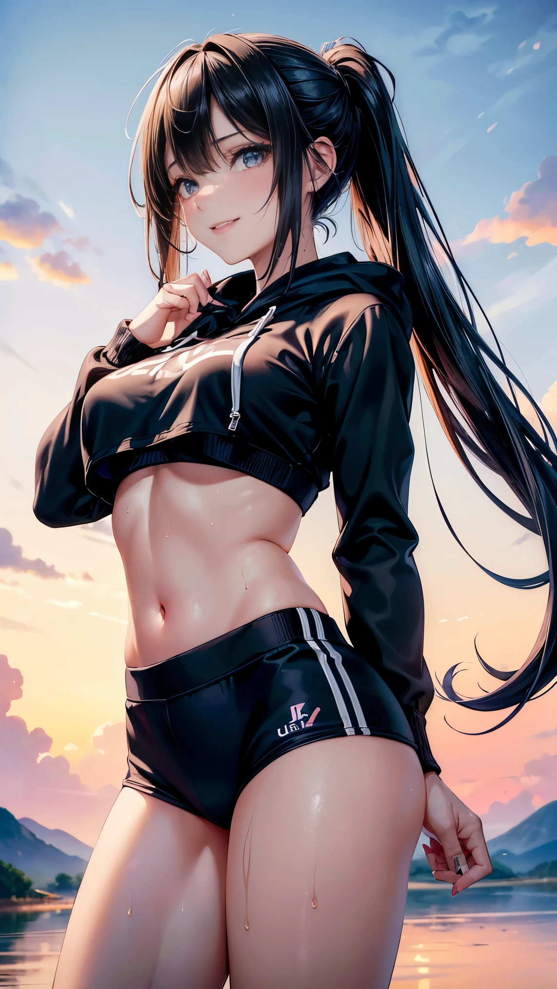 Realistic image, detailed image, 1 elf. He has long, shiny black hair, part of which falls over his shoulders. He leaves his ears almost visible, with some hair tied back, and has a fringe that reaches just above his eyes. Her eyes are turquoise. No shirt, no sweater, no bra. Nude. Pleated miniskirt. Thong. Her shoes are sport shoes. Large breasts, narrow waist, wide hips and thick thighs. She pouts. Arched back. Bottom view. View of the thong. Neutral background. Uniform background. Volumetric light. Ambient light.