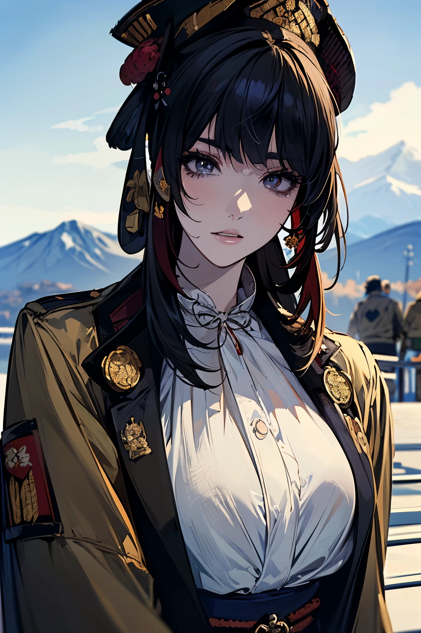 (masterpiece:1.5),beautiful hair,beautiful eyes,beautiful lips,Beautiful slender body,(Konno Anna:1.2),(Riho Yoshioka:1.1),(random expression:1.3),(Mountains in the background:1.4),bust illustration from the front ,Cleavage,((((An Extraordinary Beauty:1.7)))),((((blouse,military jacket,Taisho Romance:1.5)))),((19-year-old single woman holding a fish in her hand:1.1)),(anatomically correct hand depicted accurately:1.1)dark hair,long lashes,Three-dimensional, jewel-like eyes,Very delicate and beautiful CG,2. 5D illustration, anatomically accurate body, (Extremely precise illustrations:1.1),(Outdoors:1.4), (wallpaper:1.4),8k