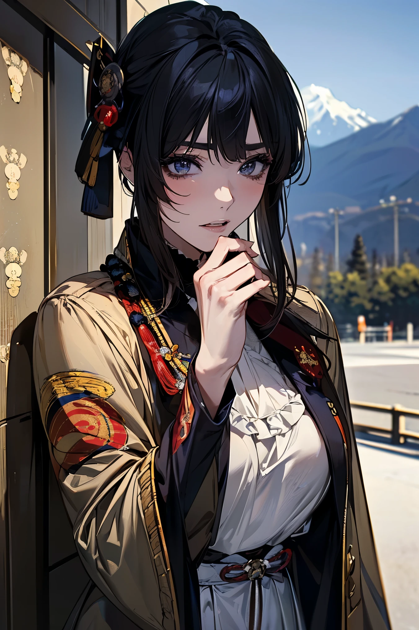 (masterpiece:1.5),beautiful hair,beautiful eyes,beautiful lips,Beautiful slender body,(Konno Anna:1.2),(Riho Yoshioka:1.1),(random expression:1.3),(Mountains in the background:1.4),bust illustration from the front ,Cleavage,((((An Extraordinary Beauty:1.7)))),((((blouse,military jacket,Taisho Romance:1.5)))),((19-year-old single woman holding a fish in her hand:1.1)),(anatomically correct hand depicted accurately:1.1)dark hair,long lashes,Three-dimensional, jewel-like eyes,Very delicate and beautiful CG,2. 5D illustration, anatomically accurate body, (Extremely precise illustrations:1.1),(Outdoors:1.4), (wallpaper:1.4),8k