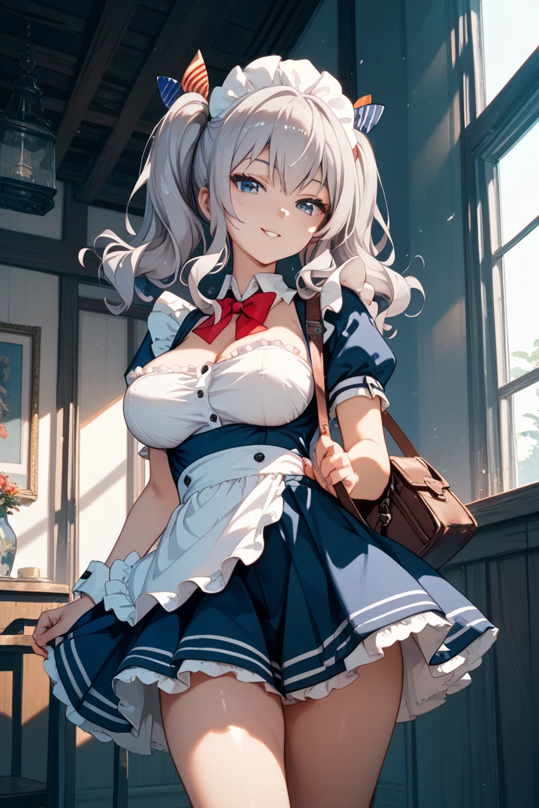 1girl,large breasts,massadress,outdoors, street,standing,cowboy shot, 
((school uniform)),light smile, (lifted by self)