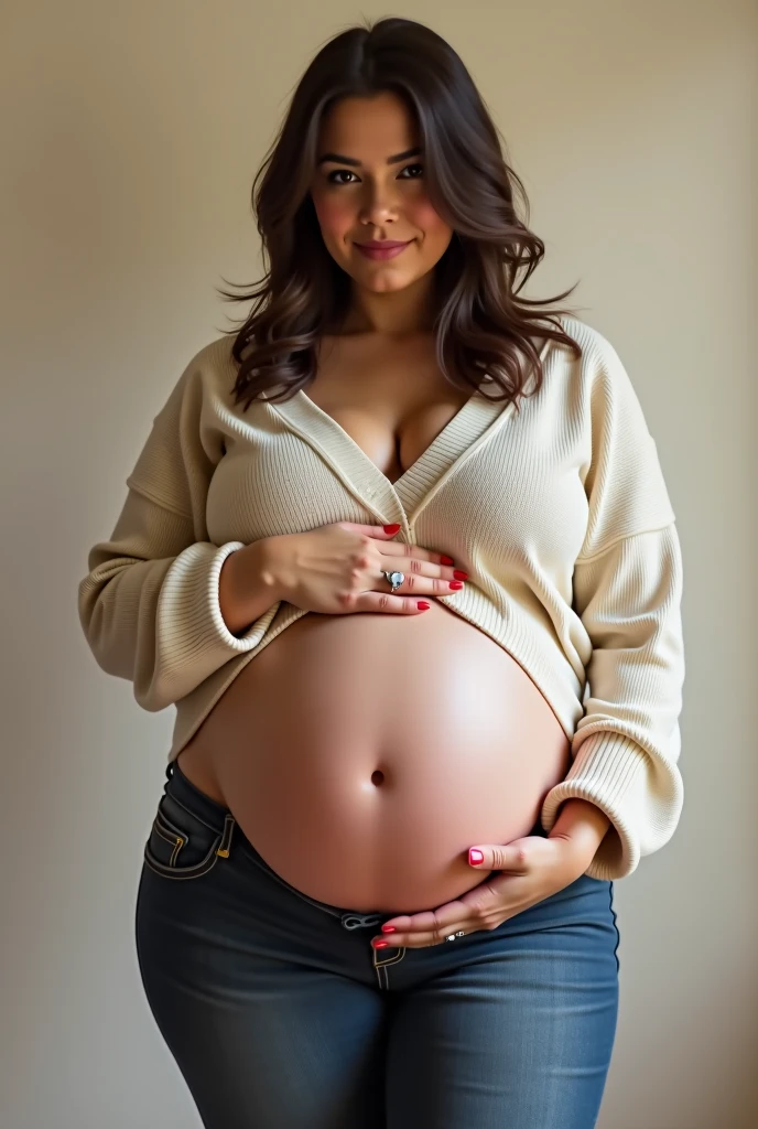 beautiful pregnant woman of 25 years old in shirt and jeans