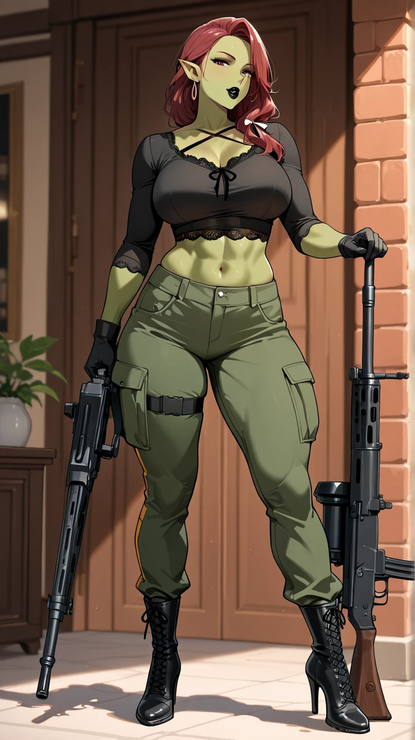 (solo:1.1),(masterpiece), (best quality:1.3), ultra detailed, intricate, professional art, digital art, absurdres, emerald sustrai, short hair, (red eyes:1.5), green hair, dark skin, dark-skinned female, futanari, navel, cleavage, midriff, belt, cleavage cutout, chaps, male genitalia, genitalia outline, crotch bulge, testicle bulge, indoors, smirk