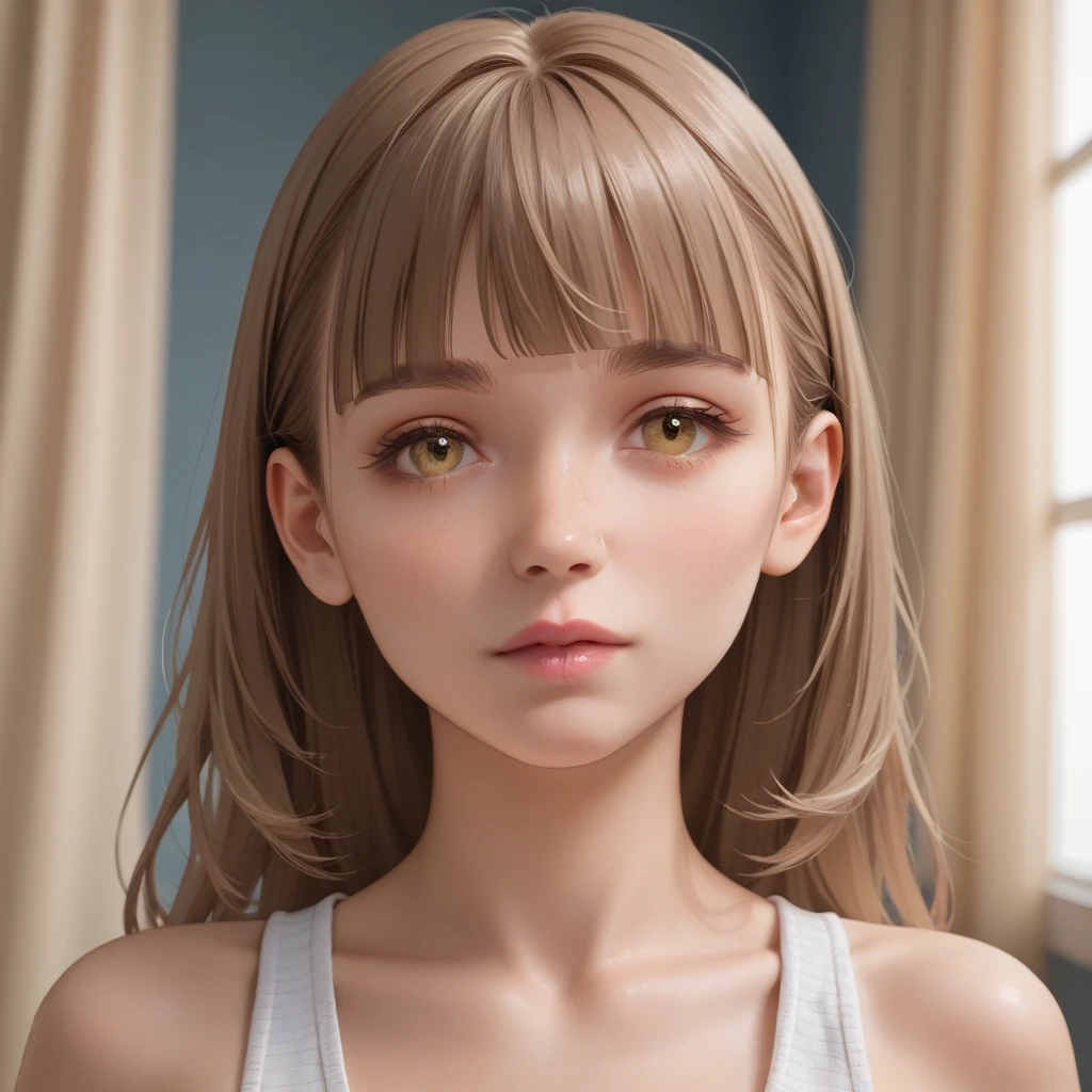 masterpiece, best quality, (perfect body XL: 1.5), (perfect body detailed: 1.5), Here's a detailed prompt you can use in SeaArt AI to generate a similar image:
**Prompt:**
"A beautiful young woman with short, light brown hair in a sleek bob with blunt bangs. She has large, expressive amber eyes, smooth and fair skin, and a delicate, natural makeup look. She is wearing a simple white sleeveless top. The background is a softly lit, cozy indoor setting with beige curtains and framed pictures on the wall. The lighting is warm and natural, creating a soft and inviting atmosphere. The image has a high level of detail and a semi-realistic anime style."
**Additional settings for best results:**
- **Model:** Choose a semi-realistic or anime-style model.
- **Resolution:** High (1024x1024 or higher for crisp details).
- **Lighting:** Soft and natural.
- **Focus:** Sharp focus on face with a slightly blurred background.