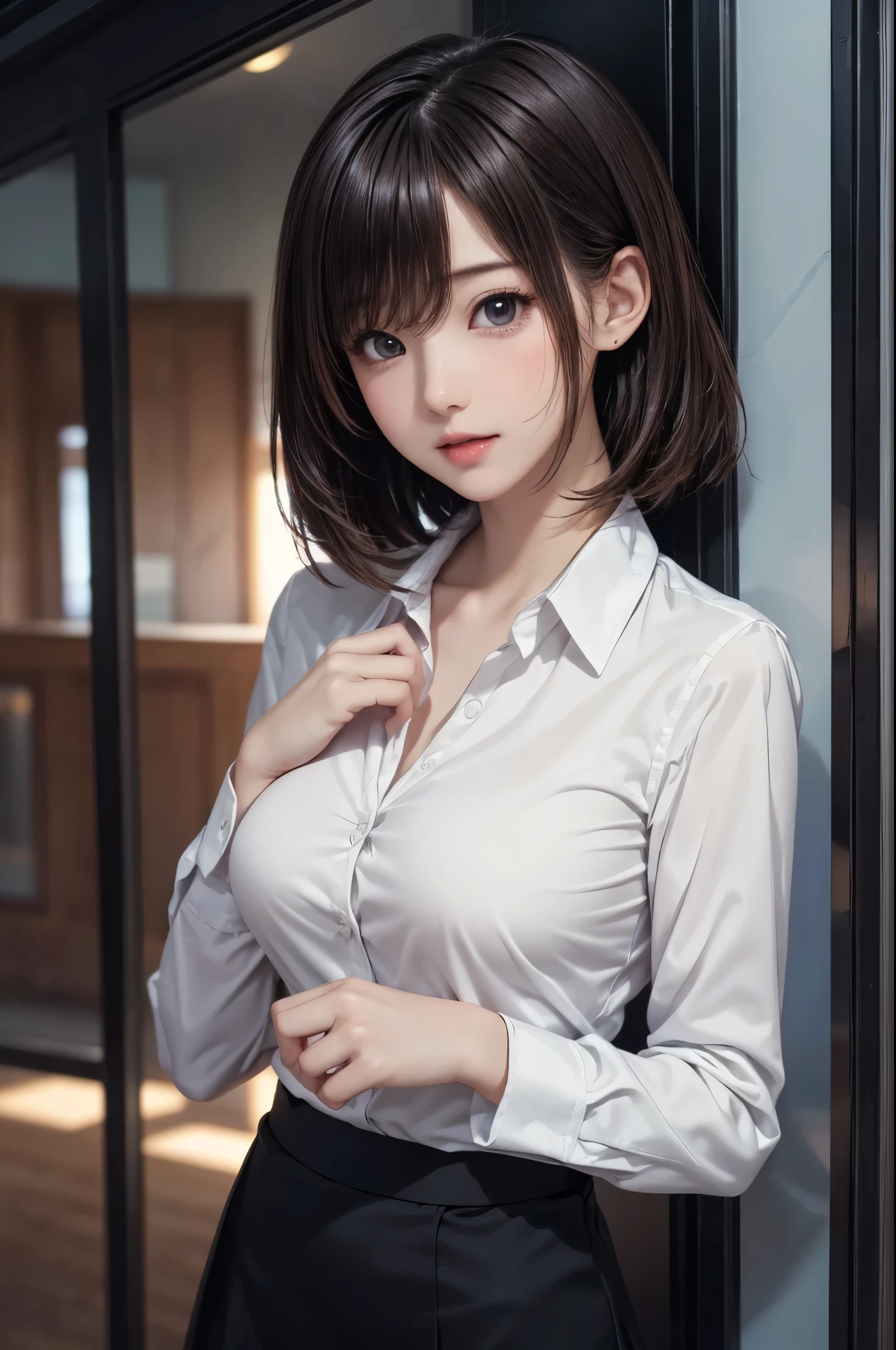 1 girl, Mid Shot Angle , wallpaper, digital paint, cute anime , uses straight bob hair , beautiful breasts, radiant skin, Natural Face Lighting , The excrement style business suit, dress shirt, skirt, breasts, (masterpiece, of the best quality, very aesthetic, SUPER DETAILS:1.2), intricate details, high image quality, 8k, sunlight