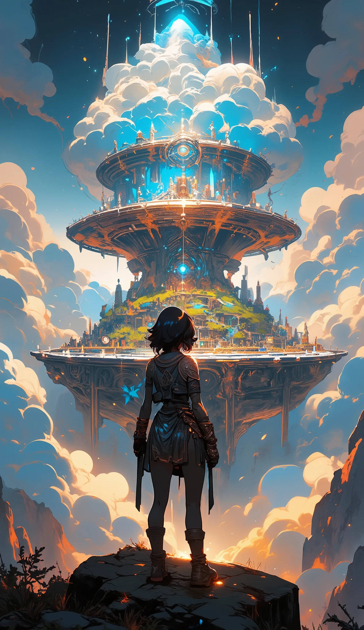 Masterpiece, brush painting, anime art style with realistic style, 4K wallpaper, 3D anime style, brush painting, extreme daletaile anime, artistic portrayal, realistic anime gradient brush painting, anime art style, makoto shinkai style, yellow orange and black color palette, high resolution, with detailed textures, elements, and objects, makoto shinkai inspired, artstation trending.
Ancient civilization, isekai of anime theme, urban landscape of an ancient civilization floating above the clouds, ethereal and voluminous clouds, swirling and cascading in dynamic formations, exhibiting a symphony of textures from wispy cirrus to dense cumulonimbus. The clouds are illuminated with a soft, warm glow, capturing the golden hour's diffused light. These clouds are not merely a backdrop but an integral element of the scene, creating a sense of depth and atmospheric perspective, enhancing the mystical ambiance of the floating city. circular ancient city surrounded by clouds, with clouds encircling an island city. anchient city, anchient texture, Beneath the island in the clouds lies a mountain. The circular island has shiny defense walls at its edges. In the center stands a towering skyscraper. The sky is bright blue, and the clouds are beautifully rendered with subtle gradients of pearlescent white, transitioning into soft, smoky grays and hints of warm ochre where the light catches their edges, painted with meticulous artistry to evoke a sense of weightlessness and wonder.
1girl, A slim body girl adventurer stands observing the ancient city above the clouds. girl are wearing an intricately designed cloak adorned with tattoos, ornaments, and fantasy elements. boots and gloves feature engraved buckles, this girl mysterious and adventurous, is standing on a hill, relaxed, gazing at the cityscape.
Center point of Image View, The perspective of the image is captured from a high angle bird’s-eye view, composed thoughtfully using photographic techniques such as the rule of thirds