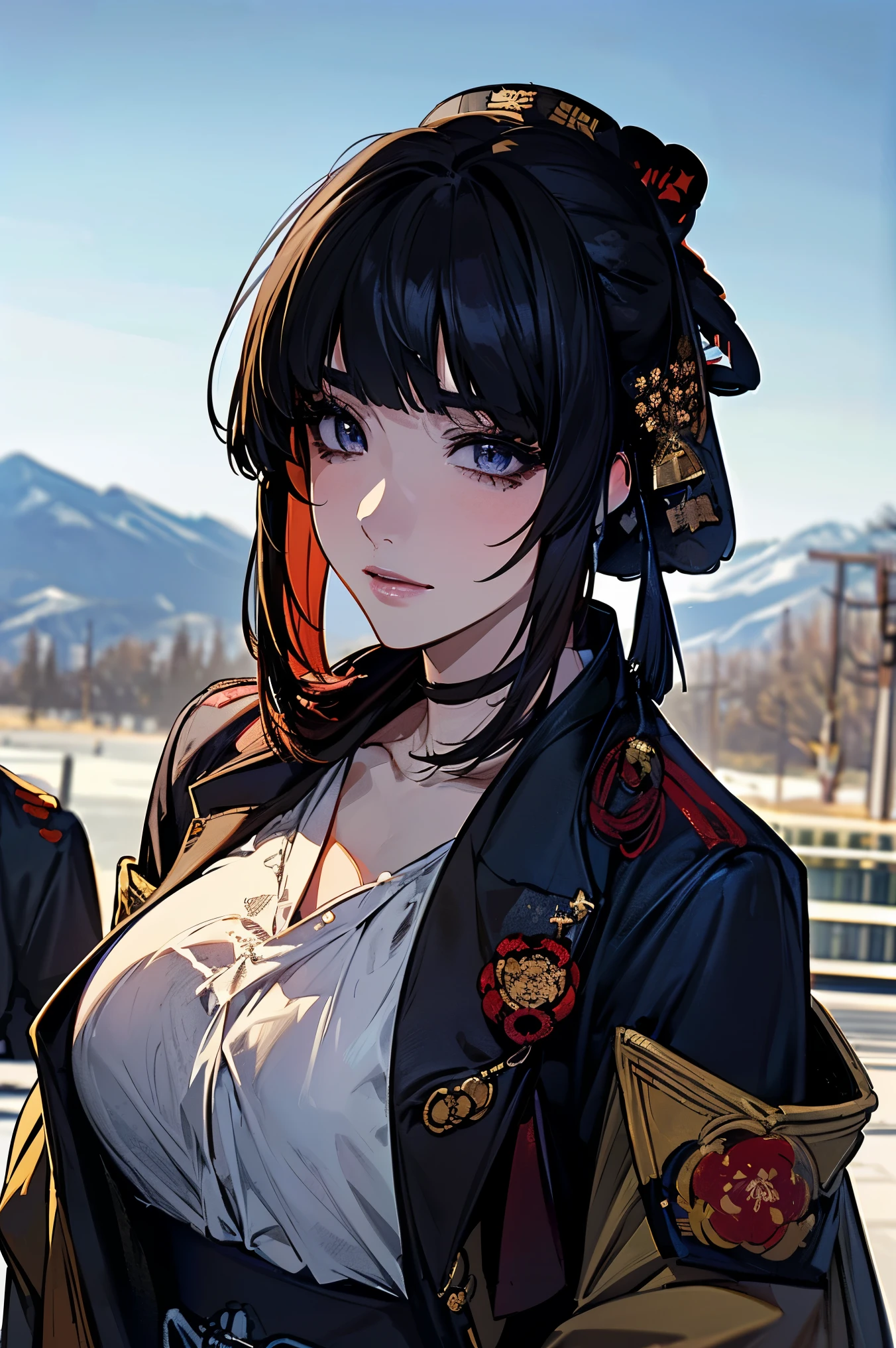 (masterpiece:1.5),beautiful hair,beautiful eyes,beautiful lips,Beautiful slender body,(Konno Anna:1.2),(Riho Yoshioka:1.1),(random expression:1.3),(Mountains in the background:1.4),bust illustration from the front ,Cleavage,((((An Extraordinary Beauty:1.7)))),((((blouse,military jacket,Taisho Romance:1.5)))),((19-year-old single woman holding a fish in her hand:1.1)),(anatomically correct hand depicted accurately:1.1)dark hair,long lashes,Three-dimensional, jewel-like eyes,Very delicate and beautiful CG,2. 5D illustration, anatomically accurate body, (Extremely precise illustrations:1.1),(Outdoors:1.4), (wallpaper:1.4),8k