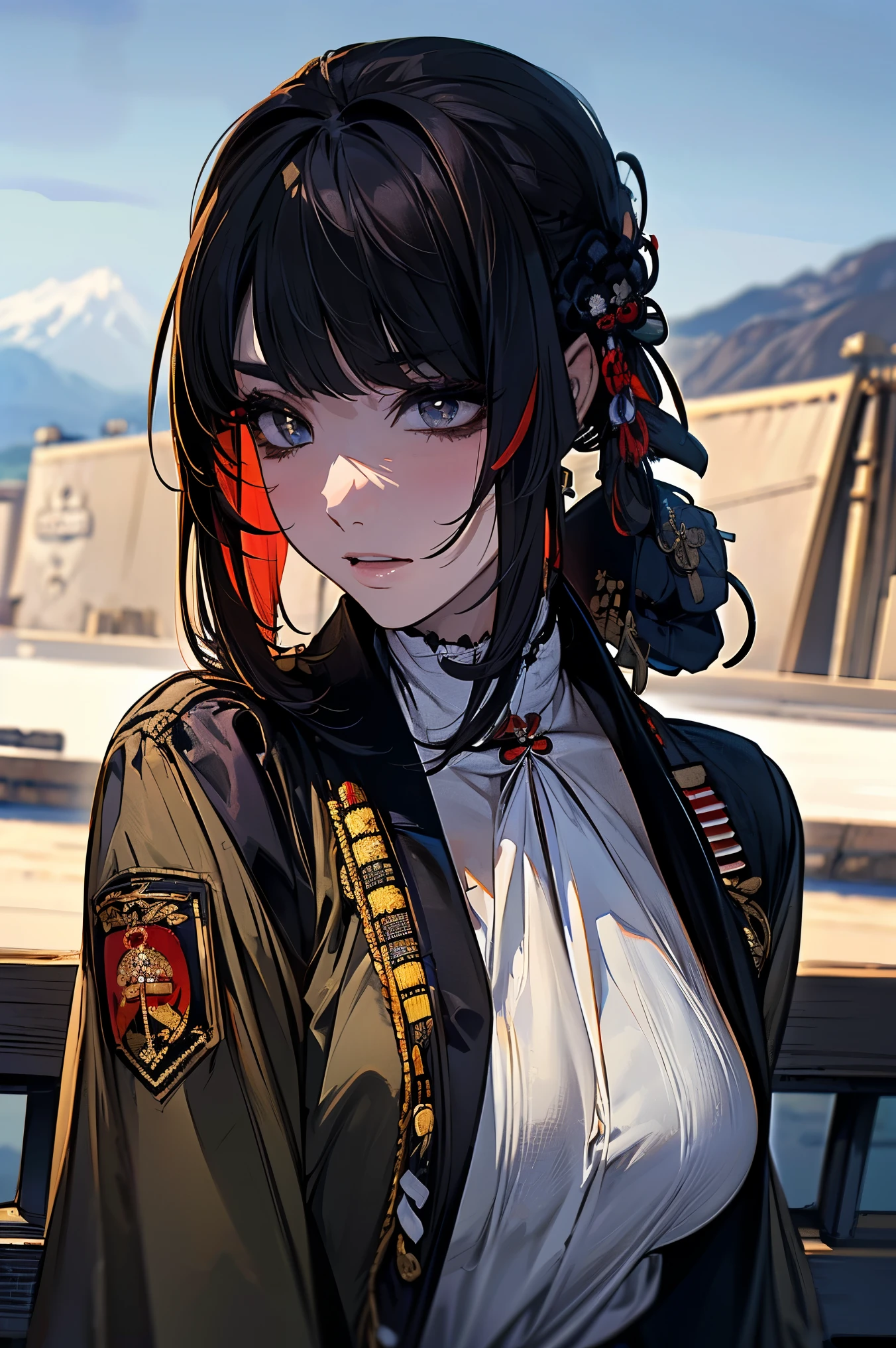 (masterpiece:1.5),beautiful hair,beautiful eyes,beautiful lips,Beautiful slender body,(Konno Anna:1.2),(Riho Yoshioka:1.1),(random expression:1.3),(Mountains in the background:1.4),bust illustration from the front ,Cleavage,((((An Extraordinary Beauty:1.7)))),((((blouse,military jacket,Taisho Romance:1.5)))),((19-year-old single woman holding a fish in her hand:1.1)),(anatomically correct hand depicted accurately:1.1)dark hair,long lashes,Three-dimensional, jewel-like eyes,Very delicate and beautiful CG,2. 5D illustration, anatomically accurate body, (Extremely precise illustrations:1.1),(Outdoors:1.4), (wallpaper:1.4),8k