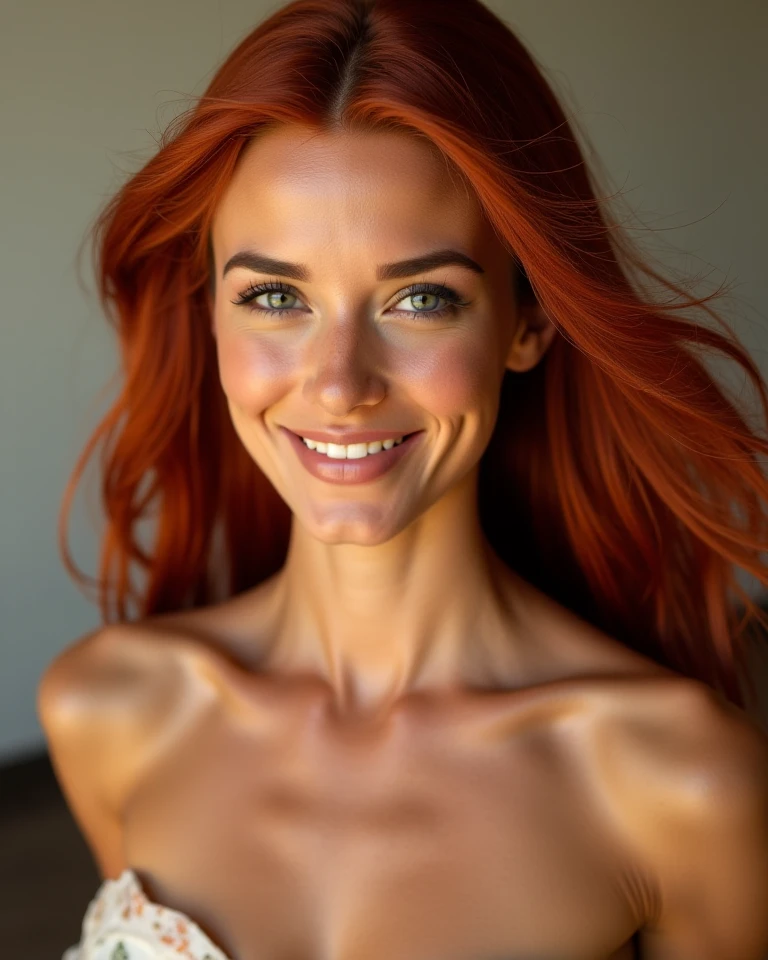 redhead Naked woman, no underwear, beautiful, smiling, visible from the waist up, white background
