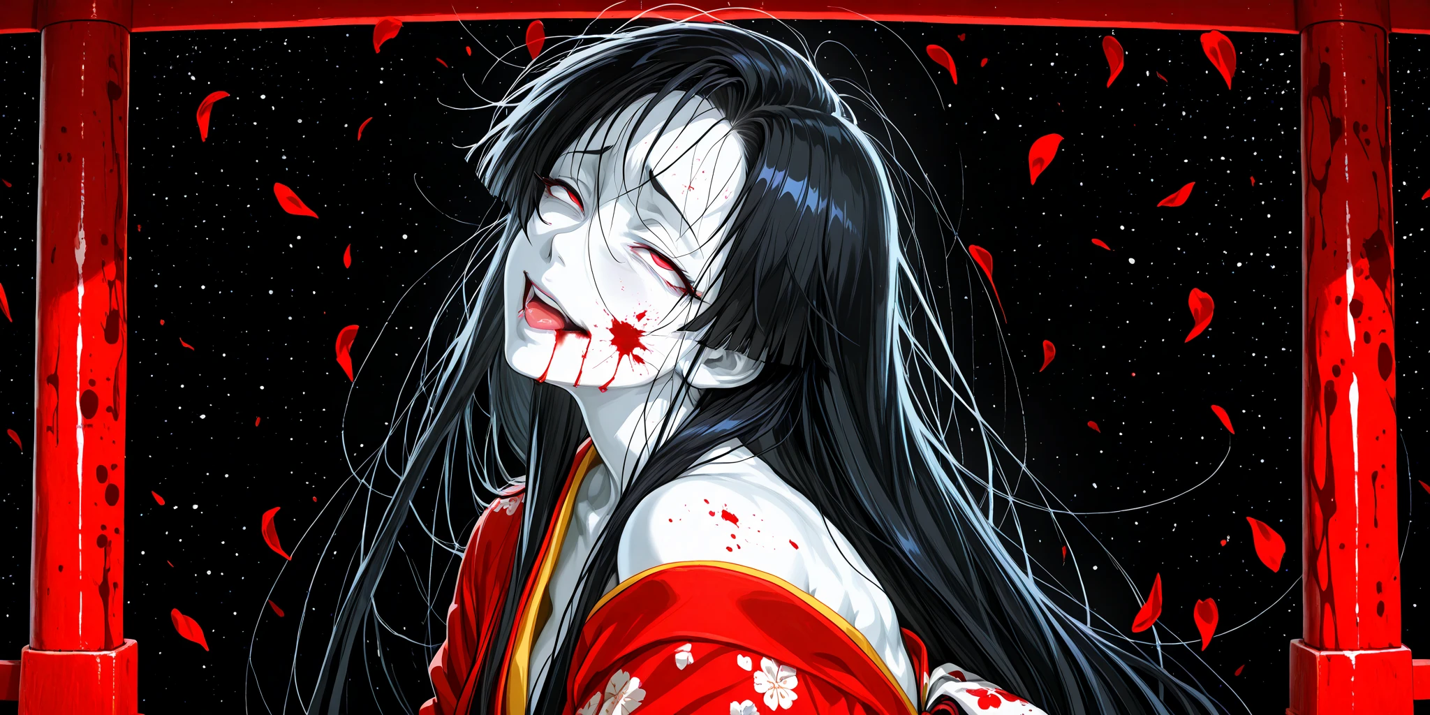 A ghostly depiction of Oiwa, a betrayed woman turned vengeful spirit from Yotsuya Kaidan. She has a distorted, haunting face and wears traditional Japanese attire. The background is a dark, eerie setting with a hint of supernatural elements, evoking a sense of fear and revenge.