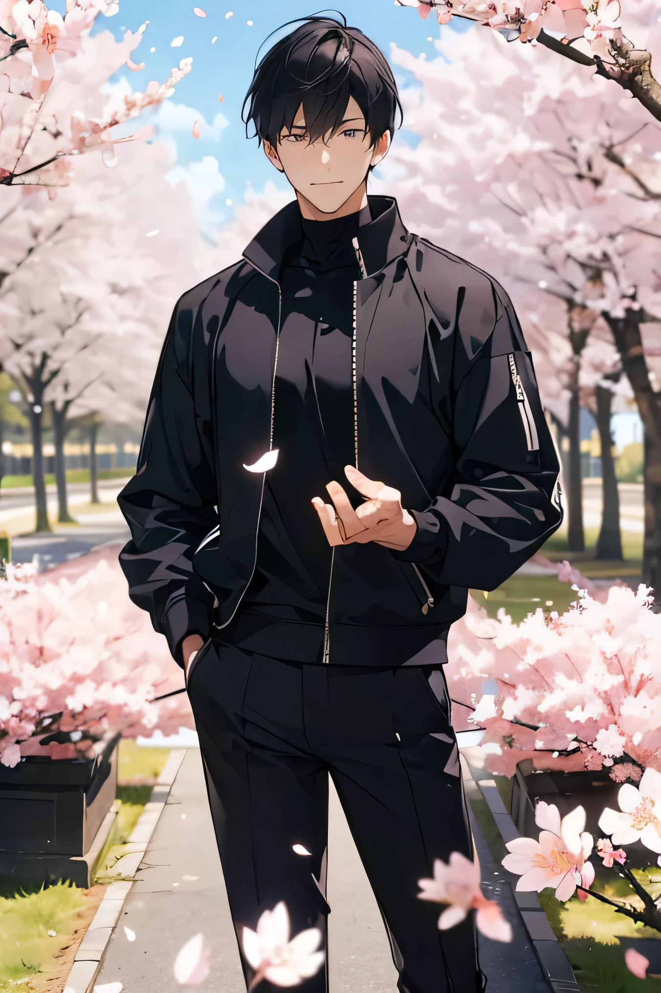 Man Two Handsome Guy very short black hair smile under a cherry tree blue sky solid black long sleeve solid black tight high neck shirt full zip up Tight Long Pants I'm proud of Megamokkori slim figure wide thigh opening Sakura Fubuki Cherry blossom petals soar cherry blossoms are scattered very short black hair