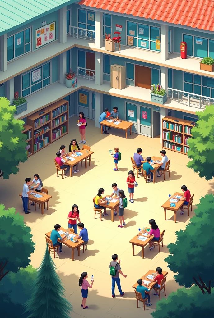 architectural floor plan of 5 classrooms full of children in a typical Brazilian school 