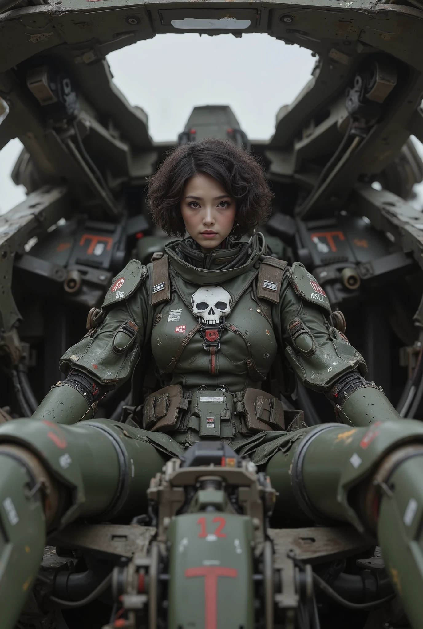 8k,Realistic Skin Texture、Superrealism、Realistic Photo、Near-future軍所属の日系女性パイロットが大型ロボットのコックピットに乗っている、Damaged moss green battle armor robot、Skull mark painted on armor、Near-future、Painting of the unit and identification number、Peeling paint、Oil stains、Detailed Description、Dynamic pose、Armored Core