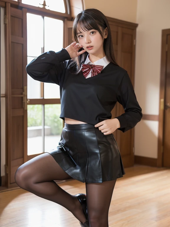 ulzzang-6500-v1.1, (Raw foto:1.2), (Photorealistic:1.4), Beautiful detailed girl, very detailed eyes and face, Beautiful detailed eyes, Ridiculous, Unbelievably ridiculous., huge file size, A highly detailed, high resolucion, Very detailed, Best Quality, Masterpiece, Chemomimi, ((Japanese girls' high school uniform)), Illustration, Very detailed, BAPV, integrated, 8K wallpaper, amazing, Fine details, Masterpiece, Best Quality, Highly detailed YTD uniform 8k wallpaper, light on the face, Cinematic lighting, 1Girl, , ((Dynamic Pose))), (camel toes), (half), (Pantyhose), (Kneeling and sitting with your legs bent)