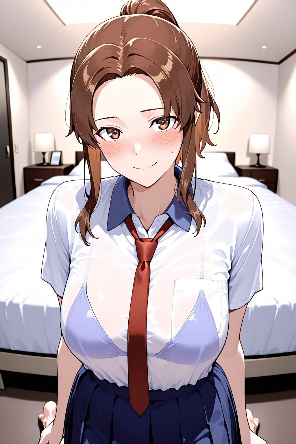 (Best quality, 8k, 32k, Masterpiece, UHD:1.2),Photo of Pretty Japanese woman, 1girl, (medium-short dark brown hair), (large breasts), double eyelid, White nurse uniform, small white nurse (cap), white shirt, open shirt, hospital, patient's room, upper body, sexy