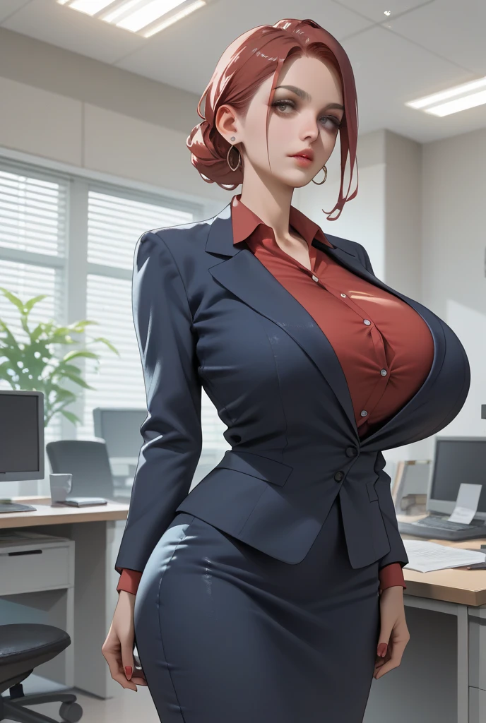 1girl,((35 year old mature woman)),(((red formal suit for women))),((((1 girl))),(blue eyes)),(Very Intense Makeup)), smiling, ((red lipstick)),((woman in makeup)), short hair, black hair,(((huge breasts))),(((cleavage))),(((huge breasts))),office room,extremely realistic female eye,(((solamente))),cuerpo perfecto,manos perfectas,cara perfecta,
