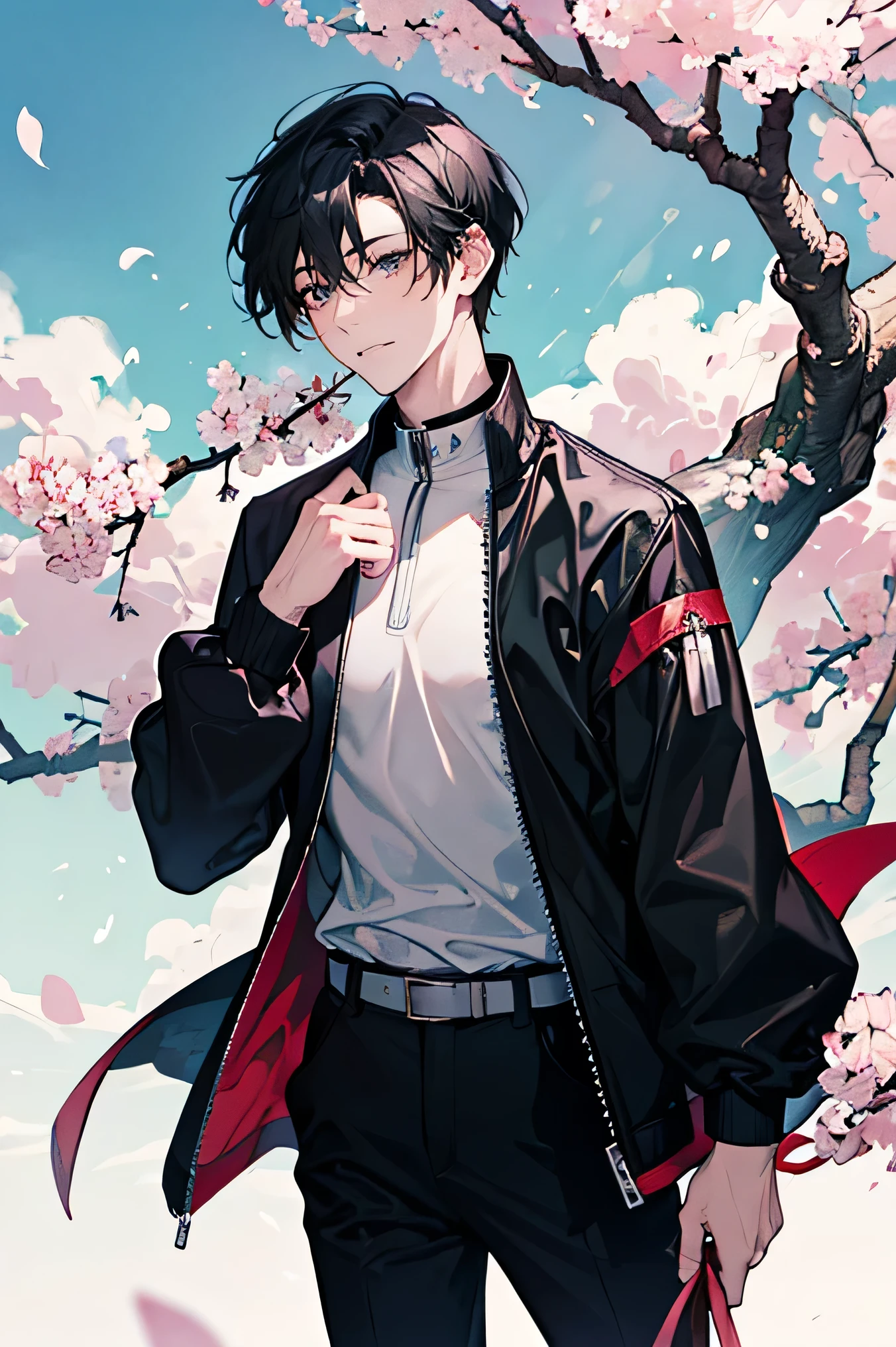  Man Two 　　Handsome Guy　very short black hair　smile　　　　under a cherry tree　blue sky　　　solid black long sleeve 　　solid black tight high neck shirt　full zip up　　　Tight Long Pants　　I'm proud of Megamokkori　　 slim figure　wide thigh opening 　　Sakura Fubuki　　　Cherry blossom petals soar　　cherry blossoms are scattered