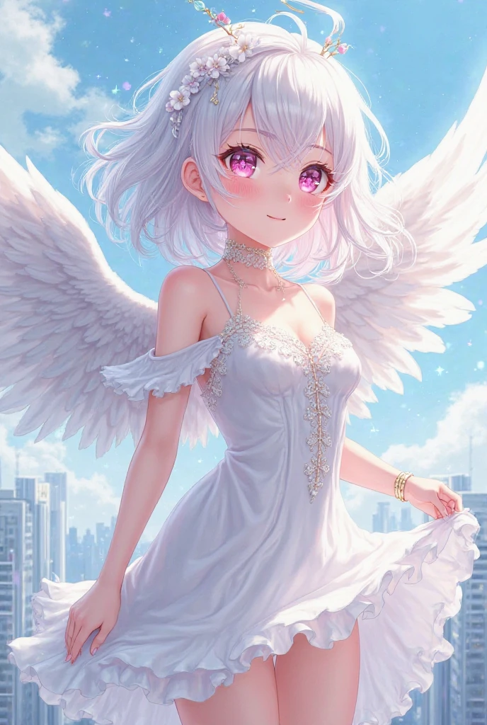 Realistic photos, Best Quality, Background is white、young woman, 30 years old、Singing Angel、Brown eyed brunette, big hoop earrings, Very short silver hair, Perfect body, Well defined hips, Small breasts, She is in a white dress、Upper Body、Smiling and mischievous, compensate