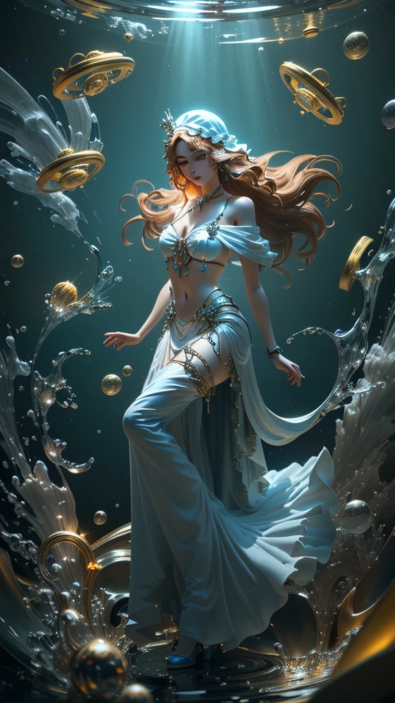 (The most realistic, 4K, A high resolution, tmasterpiece:1.2), Paintwork, Fantasyart:1.37, Sky with fluffy clouds:1.37, (sad cloud goddess:1.37, eyes with brightness, light colors hair, Elaborate makeup, Glowing skin, transparent costume, surrounded by a school of fish:1.37), The light from the back window  backlighted, Artwork in the style of Gustav Klimt, Whimsical art style, In Baiyun Paradise, beautiful fantasy art portrait