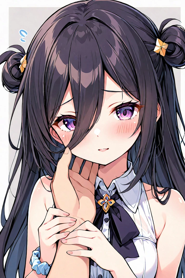 masterpiece, best qualityï,1girl, solo, animal_ears, heart, rabbit_ears,bunny, long_hair, breasts, black_hair, heart_hands, hair_ornament, purple_eyes, hairclip, cleavage, upper_body, wrist_cuffs, looking_at_viewer, fake_animal_ears, medium_breasts, leotard, simple_background, bow, black_leotard, detached_collar, bowtie, bangs, strapless, parted_lips, grey_background, white_background, rabbit_tail, strapless_leotard, blush, sketch, tail