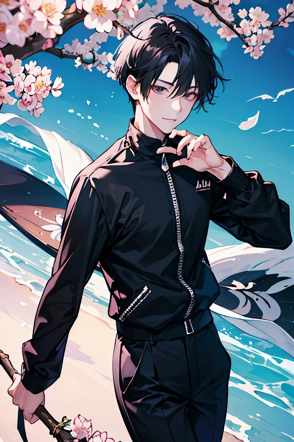 Man Two Handsome Guy very short black hair smile under a cherry tree blue sky solid black long sleeve solid black tight high neck shirt full zip up Tight Long Pants I'm proud of Megamokkori slim figure wide thigh opening Sakura Fubuki Cherry blossom petals soar