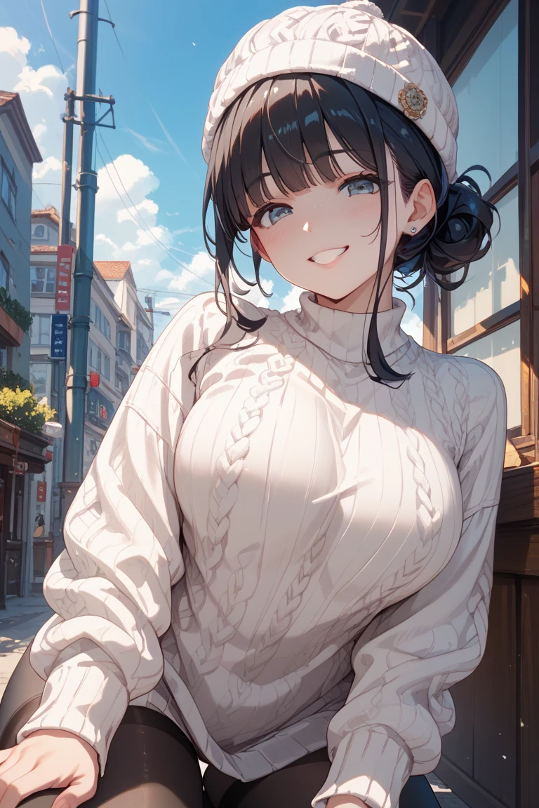 (Masterpiece), (8k size wallpaper), (top quality), Caustics, Detiled、Hyperrealistic Photo、Photorealistic、A girl in a loose sweater is warming her hands in the street and looking in the direction of the camera、Dynamic photos、Wind、Glossy painting、illationgCup-sized breasts、whole body、Cute expression