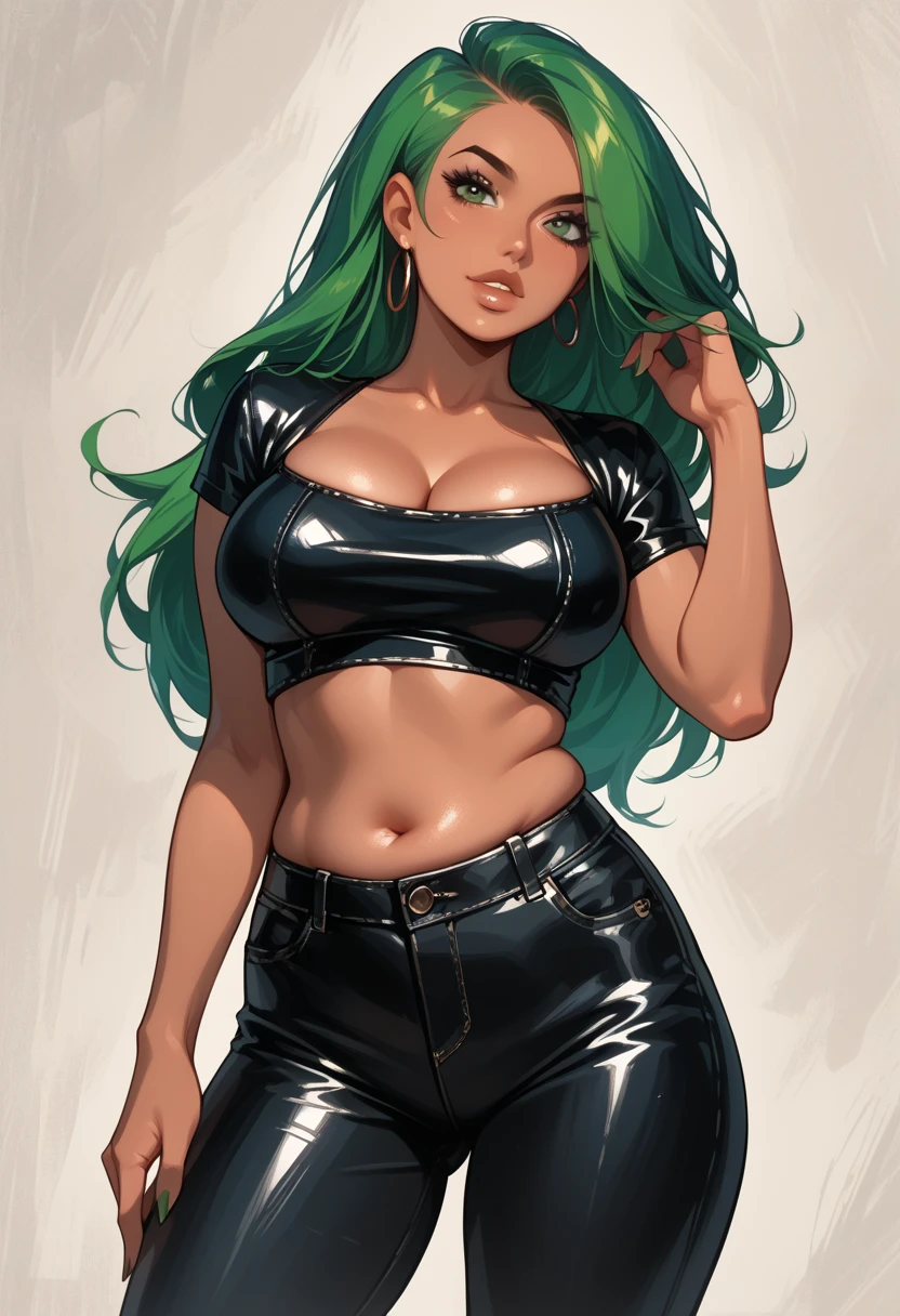 beautyfull woman, long green hair, long hair, african skin, green lipstick, black skirt, black bra, black chocker, black jacket, chubby, cowgirl sex, bouncing