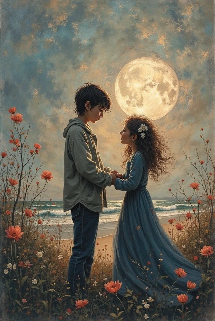 The boy is wearing a white suit or the girl is wearing a white frock, you are on the shore of the river and in the middle of the sea a big ⛵boat the wind is moving fast and there is sand and the boy is having a flower in the hand of a rose and both of them are dance and the midnight. . It is raining heavily and there are moon and stars in the sky