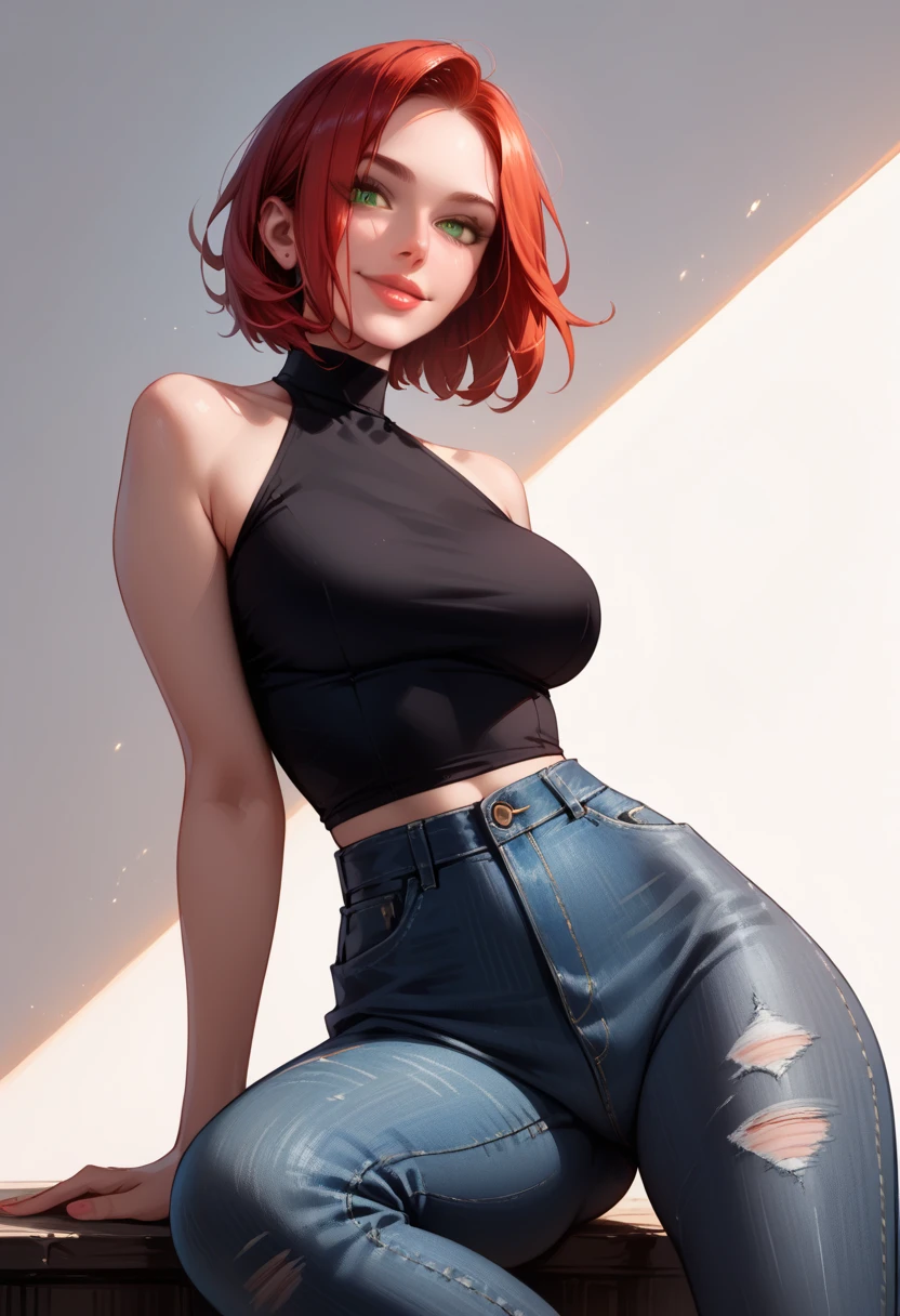 Adult Girl, (smile: 0.6), short red hair, (big breasts: 1.1), red eyes, sexy, small waist, (big buttocks), sheer cardigan, (masterpiece: 1.2, superb), realistic, (real shot, fine crafted, depth of field), (1girl, solo), makeup, noble, (noble shirt and leggings: 1.3), elegant, blush, dignified, proud, confident, (fair and shiny skin), Gorgeous and diverse accessories, mature, married, (skinny), (big ass: 1.3), bonny, (small mouth),