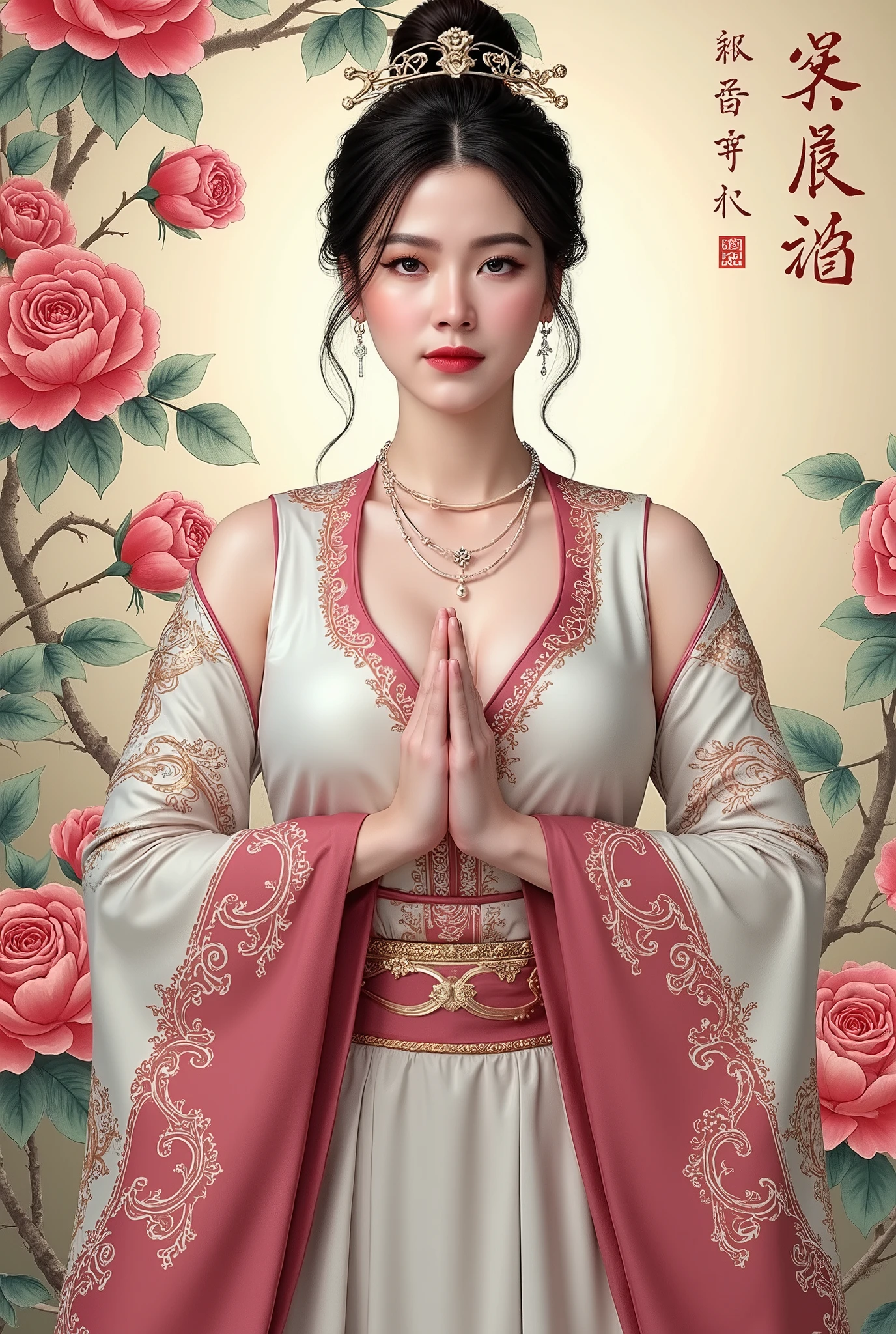 (Photorealistic), (masterpiece), Chinese brush painting, breathtaking ancient woman, (priest dress), elegant full body pose, (frontal view), highlighted intricate details, vibrant ink strokes, harmonious color palette, showcasing grace and beauty, winning award quality, (symmetric face), (symmetric body), ultra-detailed, 8K resolution, capturing cultural essence in exquisite artistry, serene and enchanting ambiance.